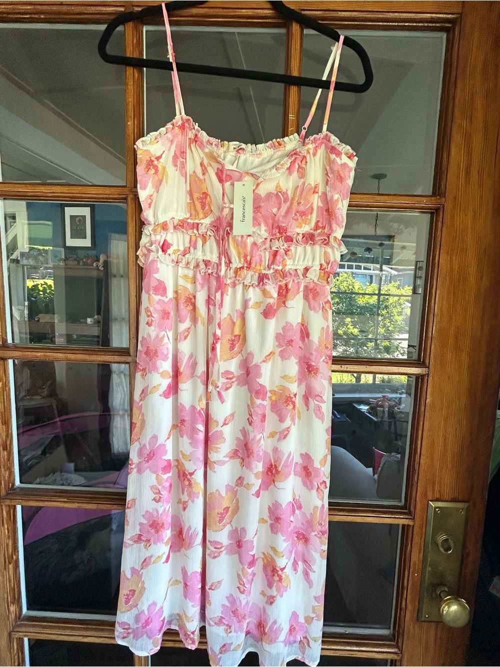 Francesca's Collections Pink and White Floral Midi Dress